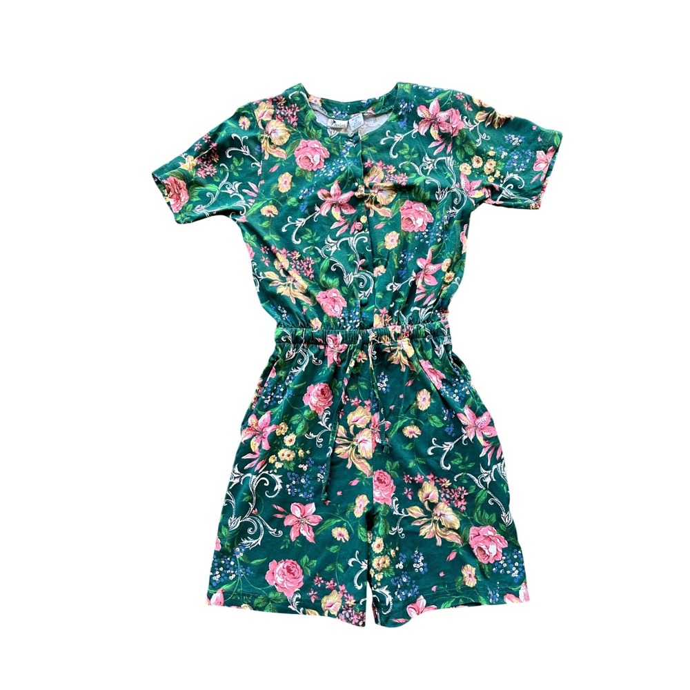 New Look Vintage Floral Romper Green Pink Cotton Short Sleeve Drawstring Waist M